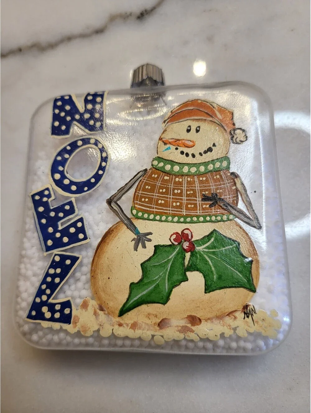 Vtg Glass Hand Painted Signed Ornament EUC Noel Snowmen In Snow 4” OOAK